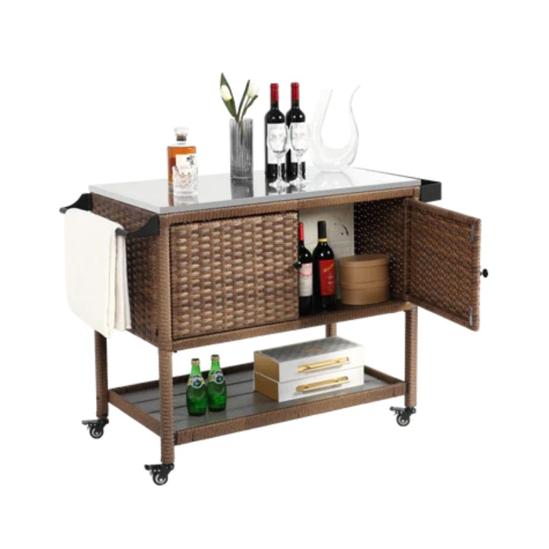 Outdoor Wicker Bar Cart, Patio Wine Serving Cart w/Wheels, Rolling Rattan Beverage Bar Counter Table w/Glass Top for Porch Backyard Garden Poolside Party, Brown-海智集-Default-