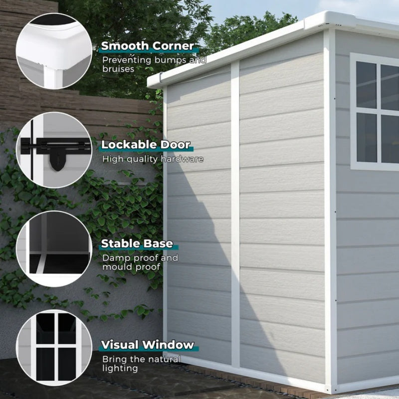 6x6 FT Storage Shed, Waterproof Resin Outdoor Storage Shed with Floor & Window & Lockable Doors and Vents, Tool Shed for Bike, Garden, Backyard,Lawn, All Weather Use, Light Grey-海智集-Default-