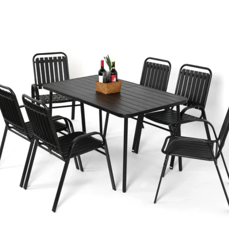 7 Pieces Patio Dining Set, Plastic chair and steel table Outdoor Set, plastic Chairs and Table Set for Garden Patio, Black-海智集-Default-