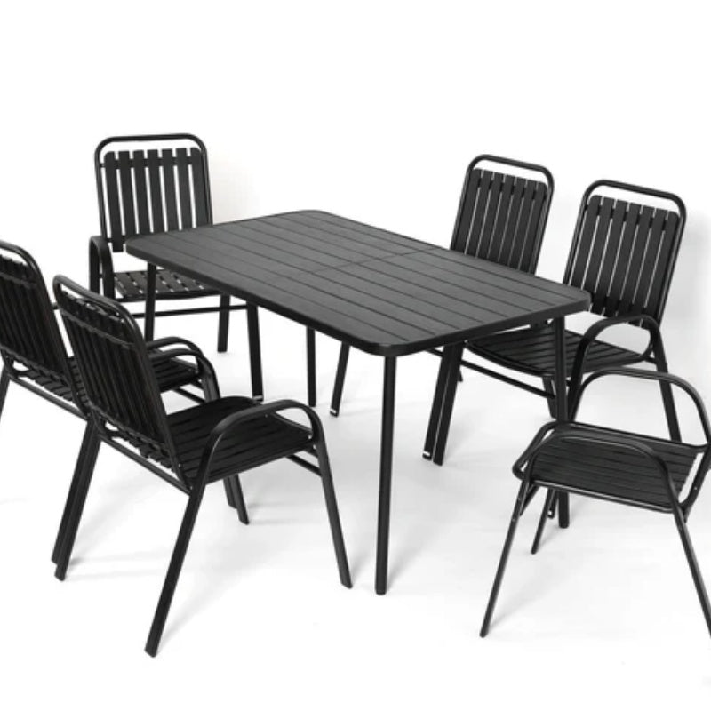 7 Pieces Patio Dining Set, Plastic chair and steel table Outdoor Set, plastic Chairs and Table Set for Garden Patio, Black-海智集-Default-