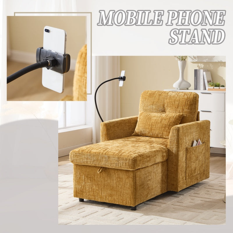 Multifunctional Lazy Sofa Recliner with Storage and Phone Bracket in Mustard Yellow Chenille for Living Room-海智集-Default-
