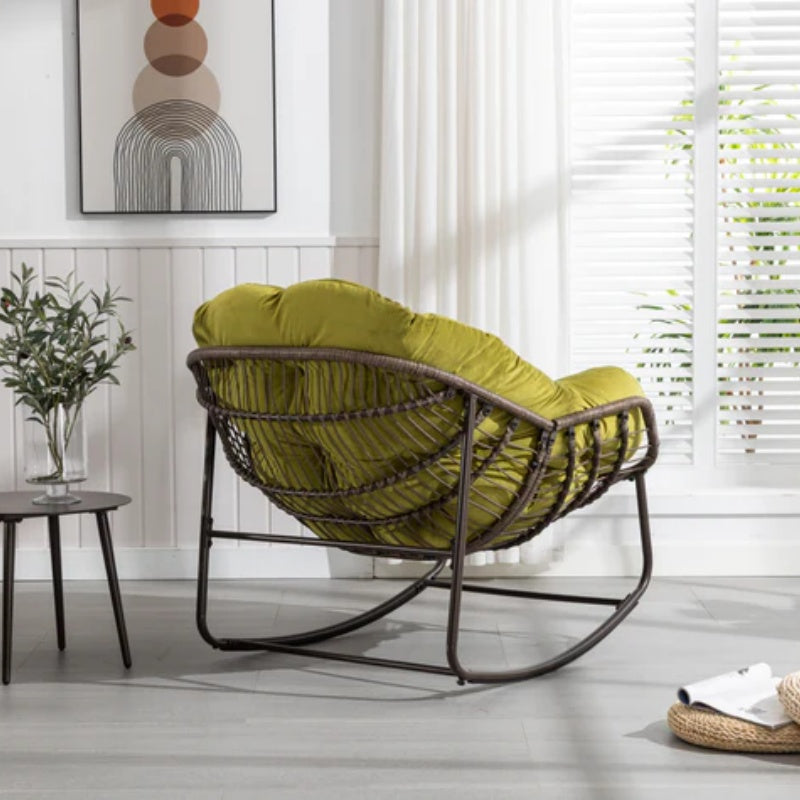 Outdoor Rattan Rocking Chair,Padded Cushion Rocker Recliner Chair Outdoor for Front Porch, Living Room, Patio, Garden, Olive Green-海智集-Default-