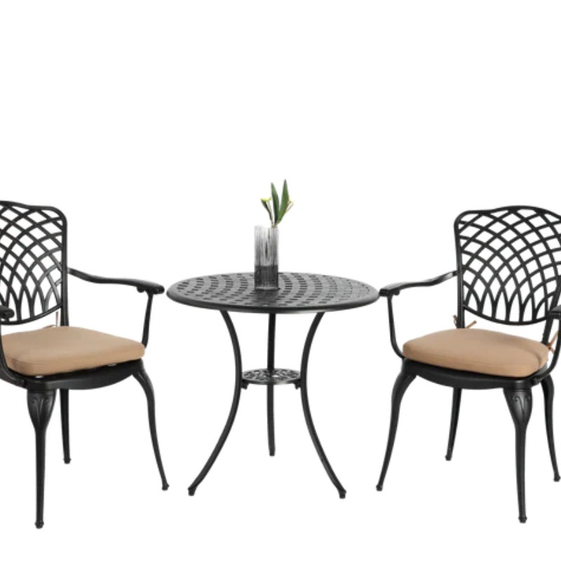 3 Piece Patio Bistro Set Cast Aluminum Bistro Table and Chairs Set of 2 with Umbrella Hole,All Weather Metal Bistro Table Set,Outdoor Patio Furniture Set for Garden Black with cushion-海智集-Default-