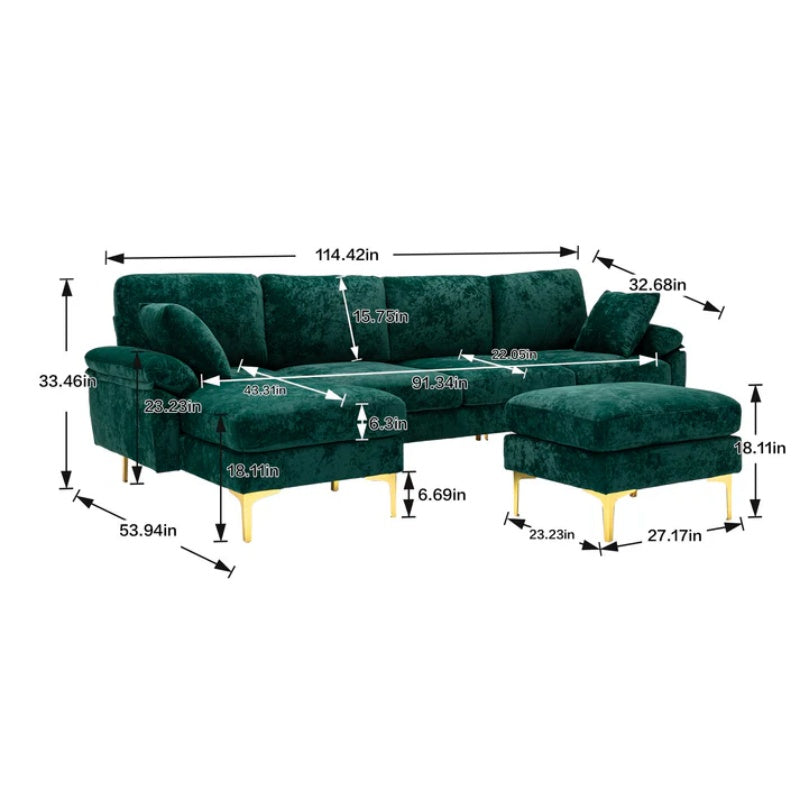 COOLMORE U-shape sectional sofa with Ottoman , Reversible Sofa Couch for Living Room,Spacious Furniture,Durable Couch Removable and machine washable cover (Emerald Velvet)-海智集-Default-
