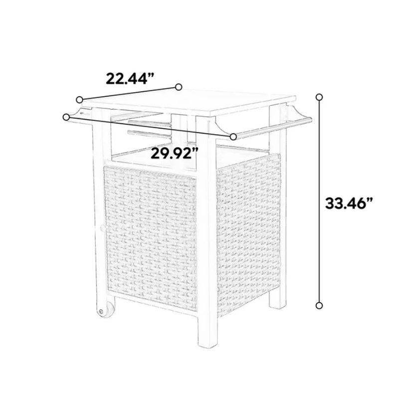 Single door bar cart,Outdoor Kitchen Wicker Island Rolling Cart & Storage Cabinet, Wheels and Stainless Steel Extended Table Top, Side Handle for Patio Kitchen or Bar Cart, Brown-海智集-Default-