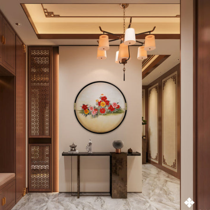New Chinese Style Flower&Bird Painting - Silk Scroll Wall Art with Black Frame, Oriental Home Decoration-海智集-