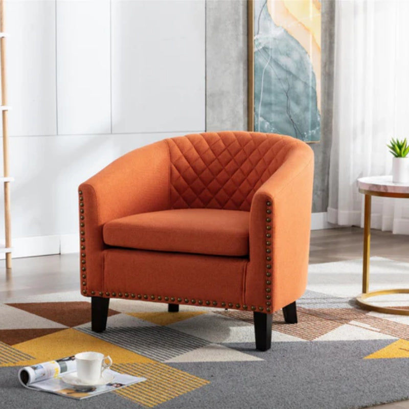 COOLMORE Barrel Chairs with Soft Padded Armrest, Club Chairs with nailheads and solid wood legs for Living Room Bedroom Waiting Room (Orange Linen)-海智集-Default-