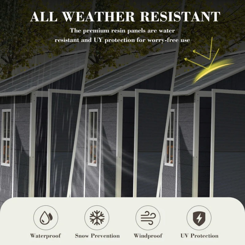 Campcraft 8*8ft resin storage shed, high quality pp material, strong structure, waterproof, rust and UV proof, large storage space, 12mm thick pp board, HD window lighting Dark gray-海智集-Default-