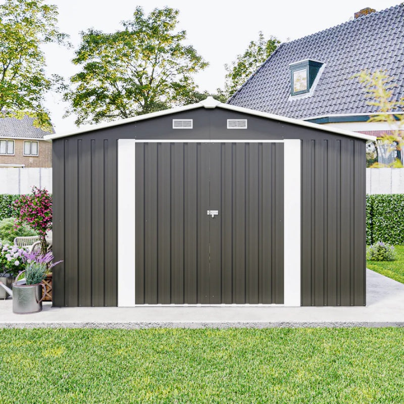 Campcraft Outdoor Storage Shed 10×14 FT with 3 Lockable Doors,Utility Tool Shed Metal Storage Garden Sheds Frame and 4 Vents,for Backyard,Patio,Lawn,dark Grey-海智集-Default-