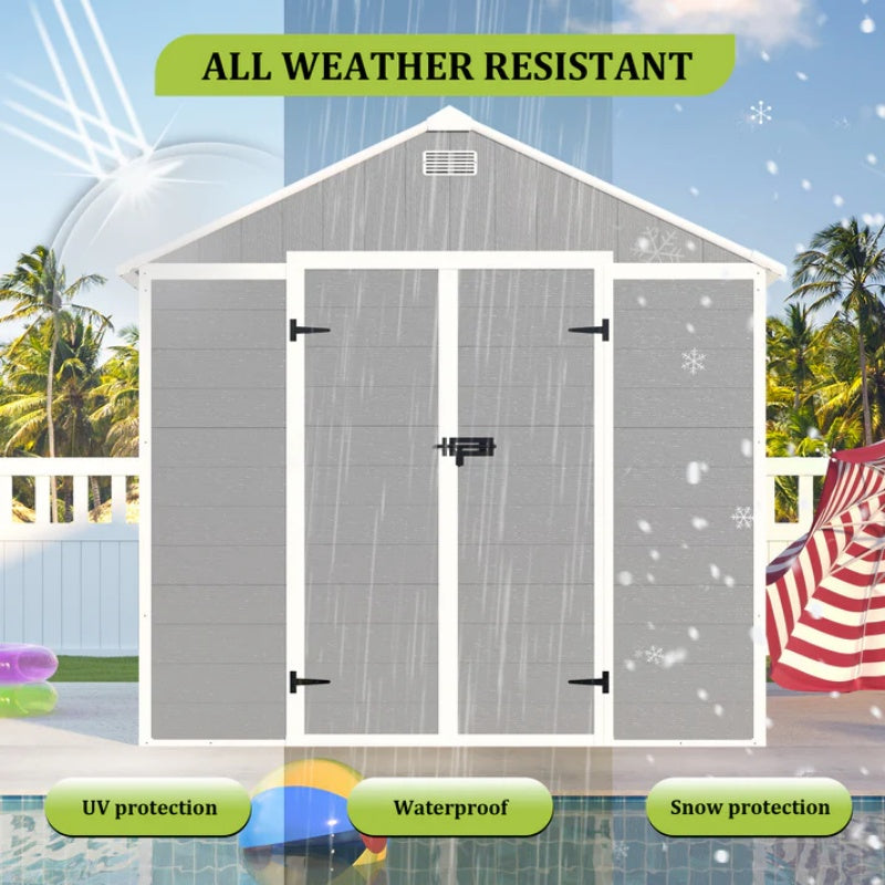 Campcraft 8*8ft resin storage shed, high quality pp material, strong structure, waterproof, rust and UV proof, large storage space, 12mm thick pp board, HD window lighting-海智集-Default-