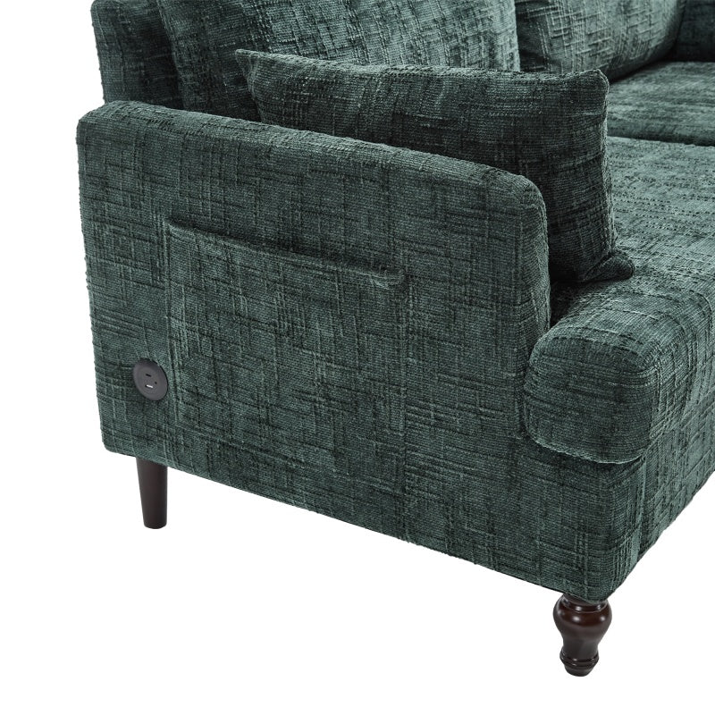 Modern Chenille 2-Seater Sofa with LED Light, USB Charging Port, and Storage Bag in Emerald-海智集-Default-