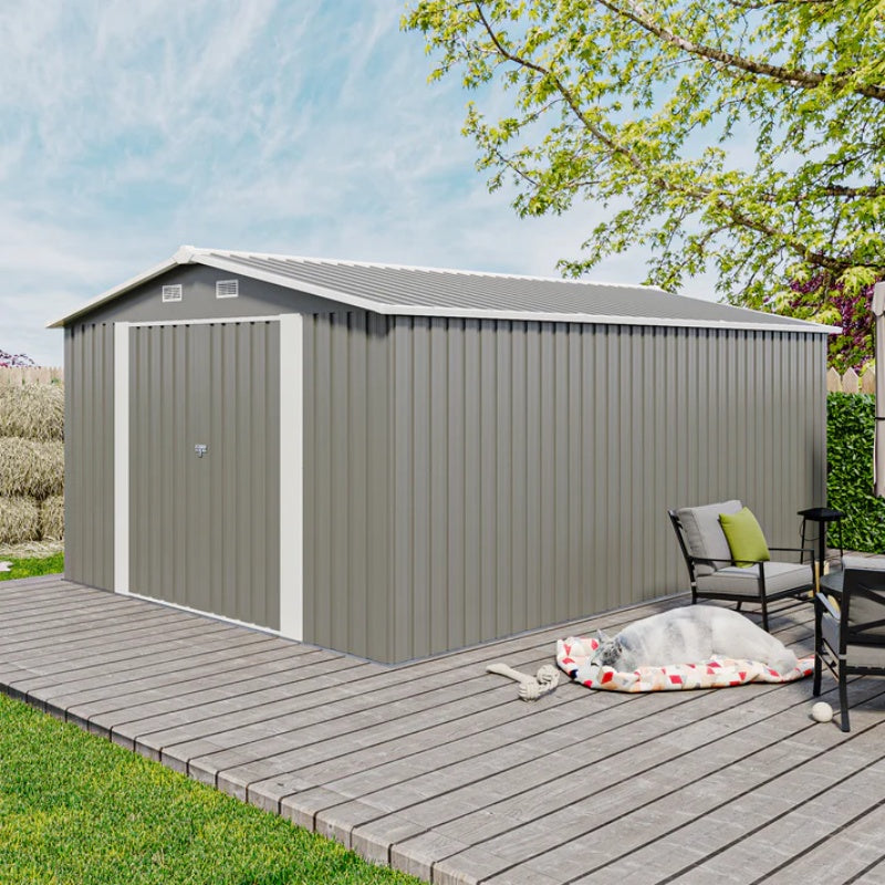 Campcraft Outdoor Storage Shed 10×14 FT with 3 Lockable Doors,Utility Tool Shed Metal Storage Garden Sheds Frame and 4 Vents,for Backyard,Patio,Lawn,Light Grey-海智集-Default-