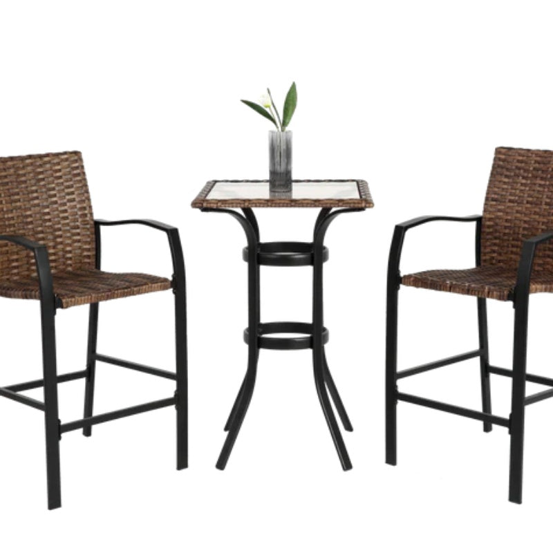 3 Pieces Outdoor Bar Stools Set,Rattan Bar Chairs,with glass table top, Wicker Bar Stools for Backyard, Garden, Pool, Balcony and Deck, Brown-海智集-Default-