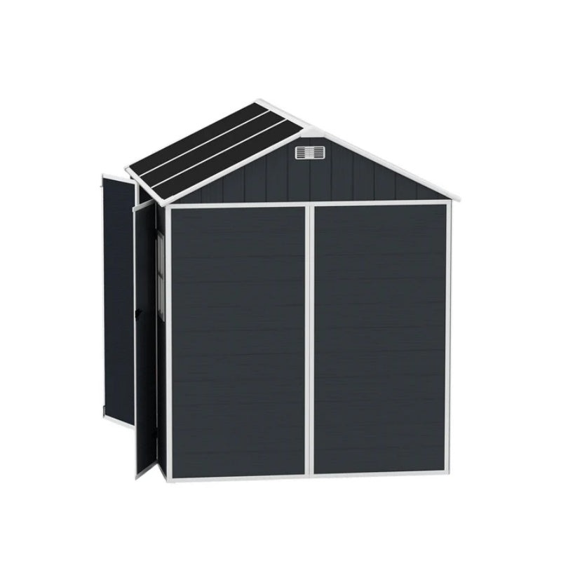 8*7ft Outdoor Storage Shed, Outdoor Resin Shed with Two-Window and Double-Door, Plastic Shed with Floor for Garden, Patio, Yard, Lawn (Dark Gray)-海智集-Default-