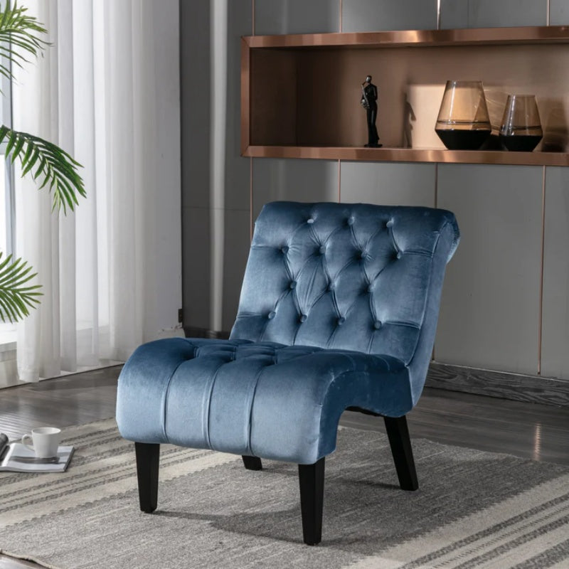 COOLMORE Modern Velvet Armless Accent Living Room Chair / Leisure Chair,Upholstered Fabric Button Comfortable Chair with Wooden Legs for Bedroom, Living Room, Office (Light Blue Velvet)-海智集-Default-
