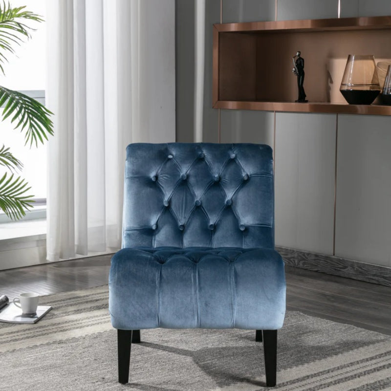 COOLMORE Modern Velvet Armless Accent Living Room Chair / Leisure Chair,Upholstered Fabric Button Comfortable Chair with Wooden Legs for Bedroom, Living Room, Office (Light Blue Velvet)-海智集-Default-