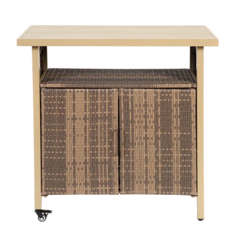 Outdoor Wicker Bar Cart, Patio Wine Serving Cart w/Wheels , Rolling Rattan Beverage Bar Counter Table w/Glass Top for Porch Backyard Garden Poolside Party, Light brown-海智集-Default-