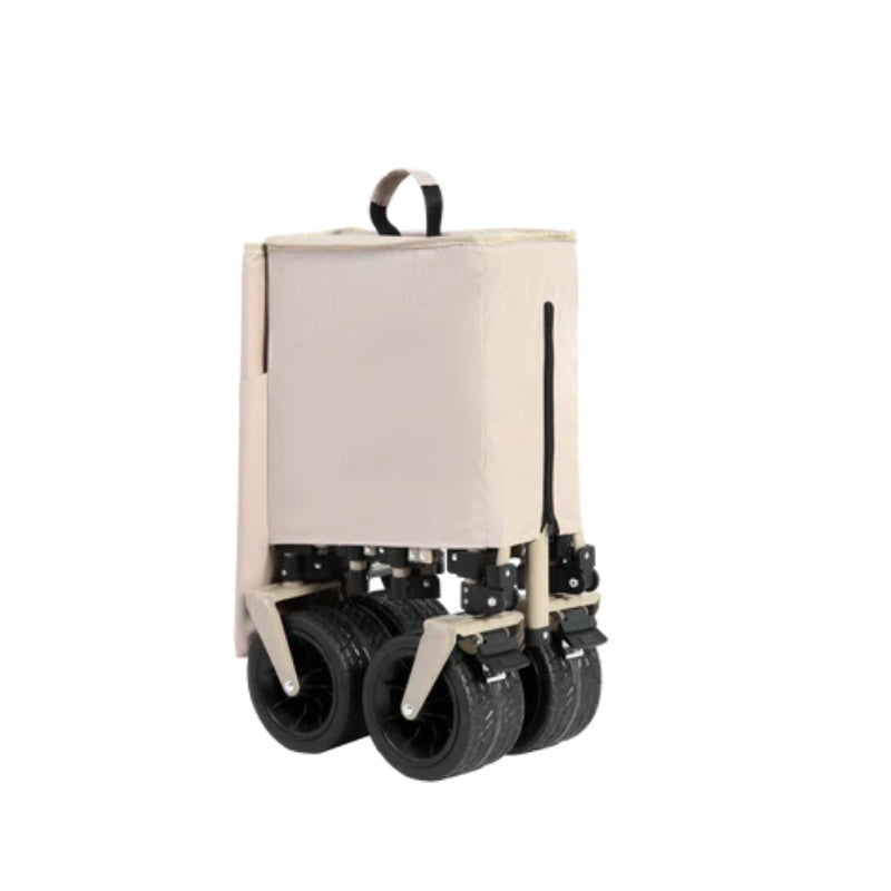 Foldable Extended Wagon with 220lbs Weight Capacity, Heavy Duty 300L Folding Utility Garden Cart with Big All-Terrain Beach Wheels & Drink Holders. Beige-海智集-Default-