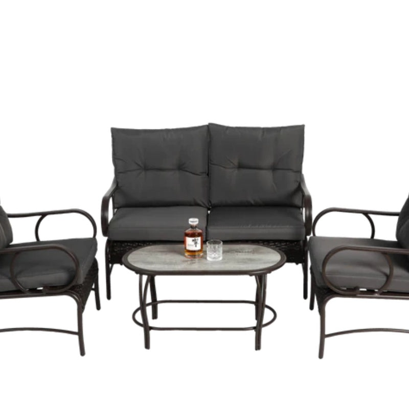 4 Piece Outdoor Patio Furniture Sets, Wicker Conversation Set for Porch Deck, Rattan Sofa Chair with Cushion-Grey-海智集-Default-