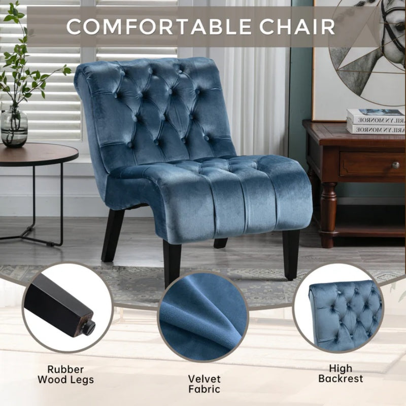COOLMORE Modern Velvet Armless Accent Living Room Chair / Leisure Chair,Upholstered Fabric Button Comfortable Chair with Wooden Legs for Bedroom, Living Room, Office (Light Blue Velvet)-海智集-Default-