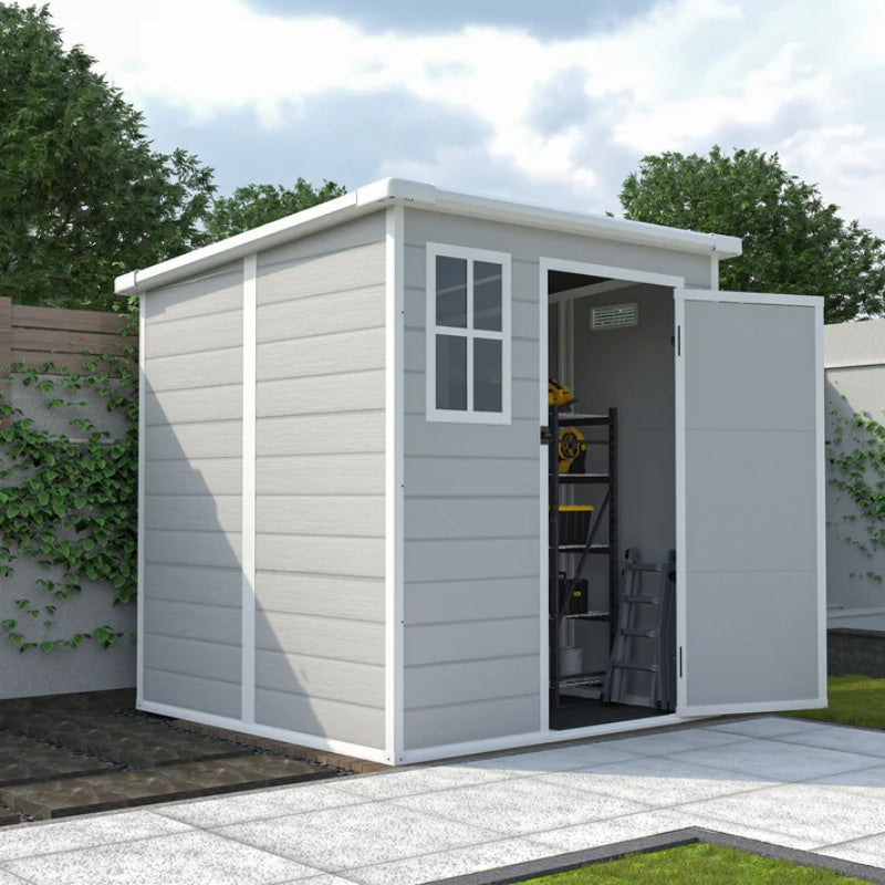 6x6 FT Storage Shed, Waterproof Resin Outdoor Storage Shed with Floor & Window & Lockable Doors and Vents, Tool Shed for Bike, Garden, Backyard,Lawn, All Weather Use, Light Grey-海智集-Default-