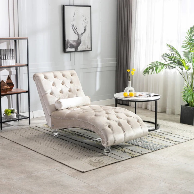 Velvet Chaise Lounge Indoor, Button-Tufted Upholstered Chair with Pillow, Beige Velvet, 63.38x28.94x34.05 inches-海智集-Default-