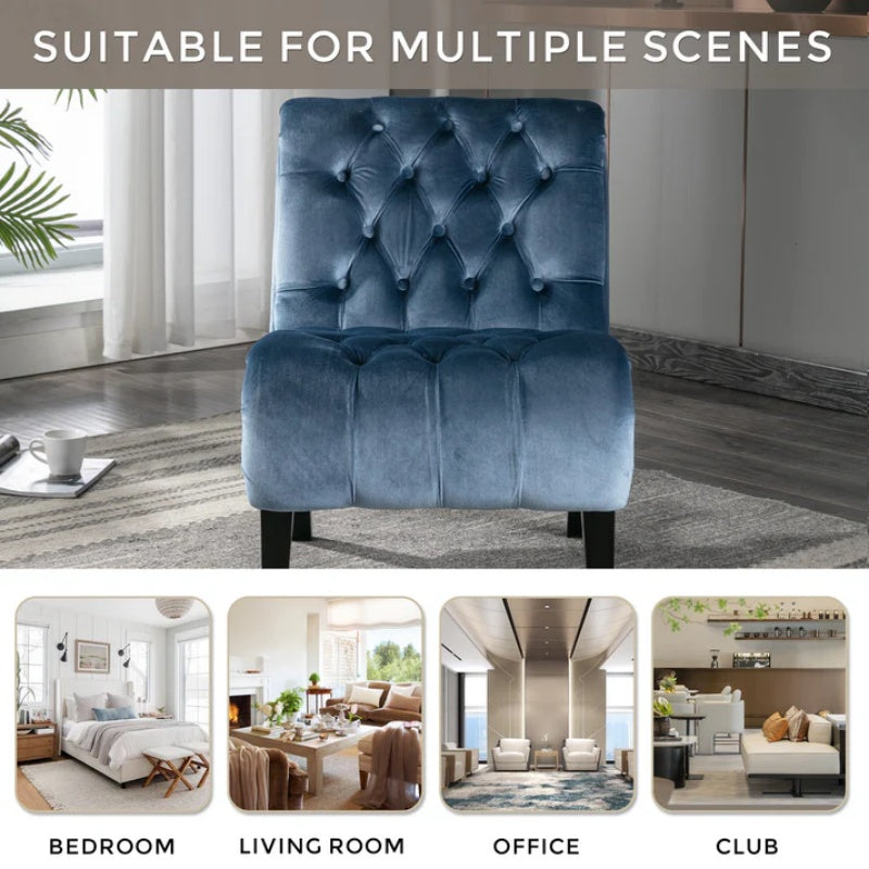 COOLMORE Modern Velvet Armless Accent Living Room Chair / Leisure Chair,Upholstered Fabric Button Comfortable Chair with Wooden Legs for Bedroom, Living Room, Office (Light Blue Velvet)-海智集-Default-