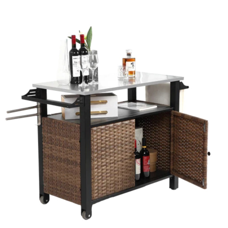 Outdoor Kitchen Wicker Island Rolling Cart & Storage Cabinet, Wheels and Stainless Steel Extended Table Top, Side Handle for Patio Kitchen or Bar Cart, Brown-海智集-Default-