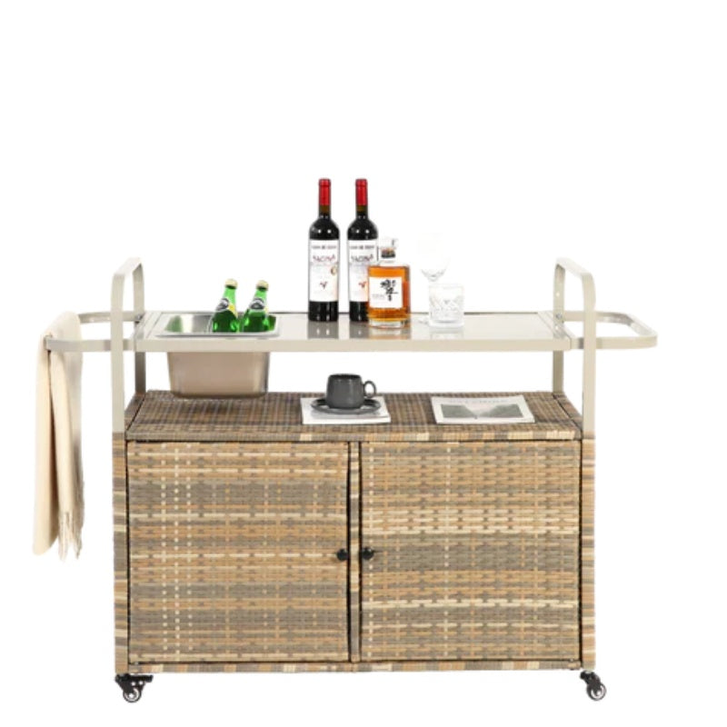 Outdoor Bar Table, Wicker Bar Cart with Cabinet, Patio Serving Cart with steel Top, with one ice bucket,Lockable Wheels, Side Basket for Garden, Poolside & Backyard, Beige-海智集-Default-