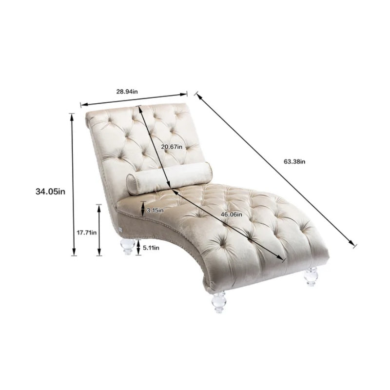 Velvet Chaise Lounge Indoor, Button-Tufted Upholstered Chair with Pillow, Beige Velvet, 63.38x28.94x34.05 inches-海智集-Default-