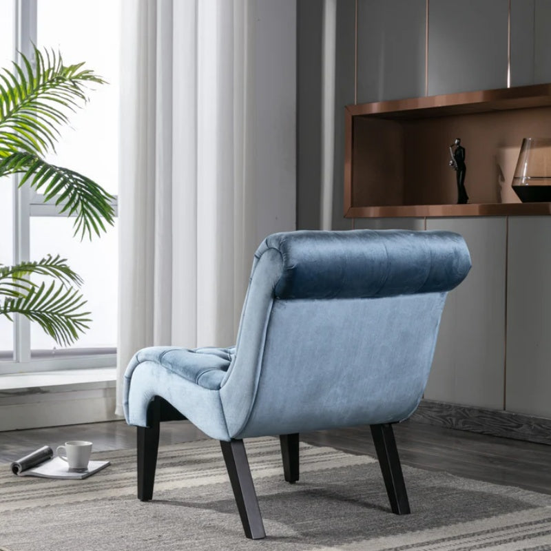 COOLMORE Modern Velvet Armless Accent Living Room Chair / Leisure Chair,Upholstered Fabric Button Comfortable Chair with Wooden Legs for Bedroom, Living Room, Office (Light Blue Velvet)-海智集-Default-