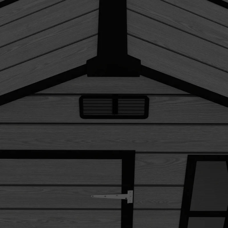 Campcraft 6*6ft resin storage shed, high quality pp material, strong structure, waterproof, rust and UV proof, large storage space, 12mm thick pp board, HD window lighting Black wood grain color-海智集-Default-