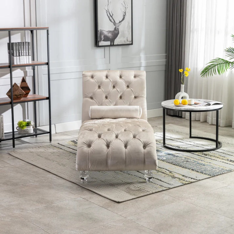 Velvet Chaise Lounge Indoor, Button-Tufted Upholstered Chair with Pillow, Beige Velvet, 63.38x28.94x34.05 inches-海智集-Default-