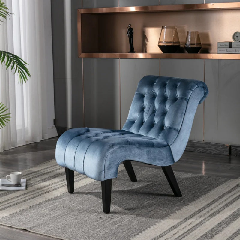 COOLMORE Modern Velvet Armless Accent Living Room Chair / Leisure Chair,Upholstered Fabric Button Comfortable Chair with Wooden Legs for Bedroom, Living Room, Office (Light Blue Velvet)-海智集-Default-