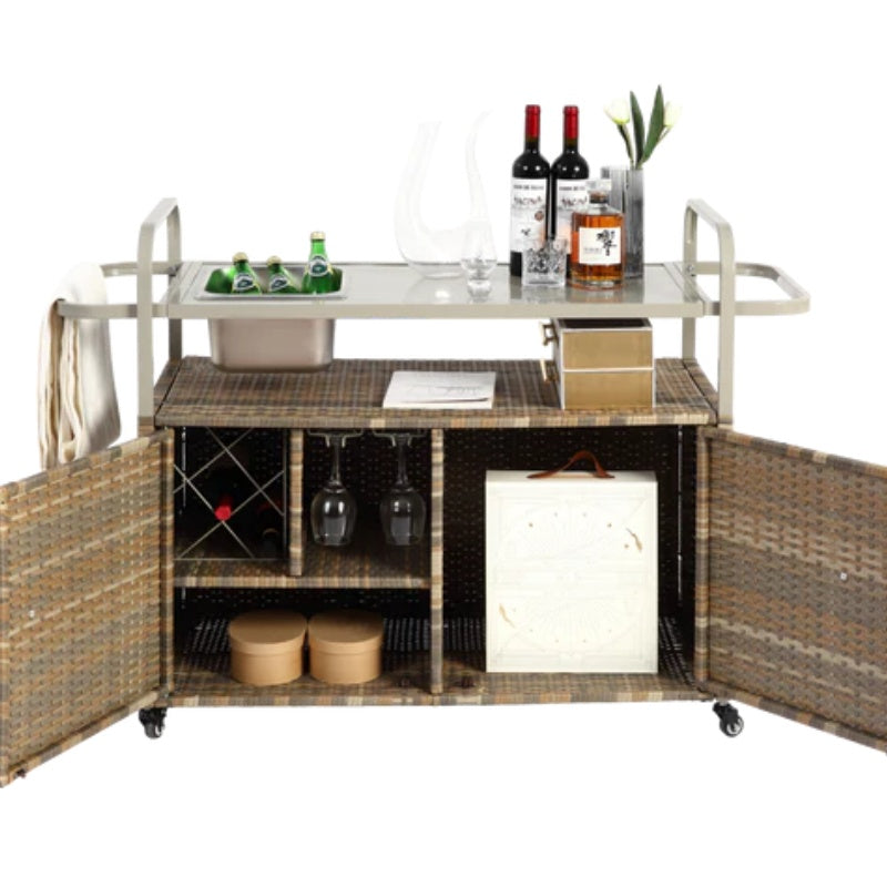 Outdoor Bar Table, Wicker Bar Cart with Cabinet, Patio Serving Cart with steel Top, with one ice bucket,Lockable Wheels, Side Basket for Garden, Poolside & Backyard, Beige-海智集-Default-
