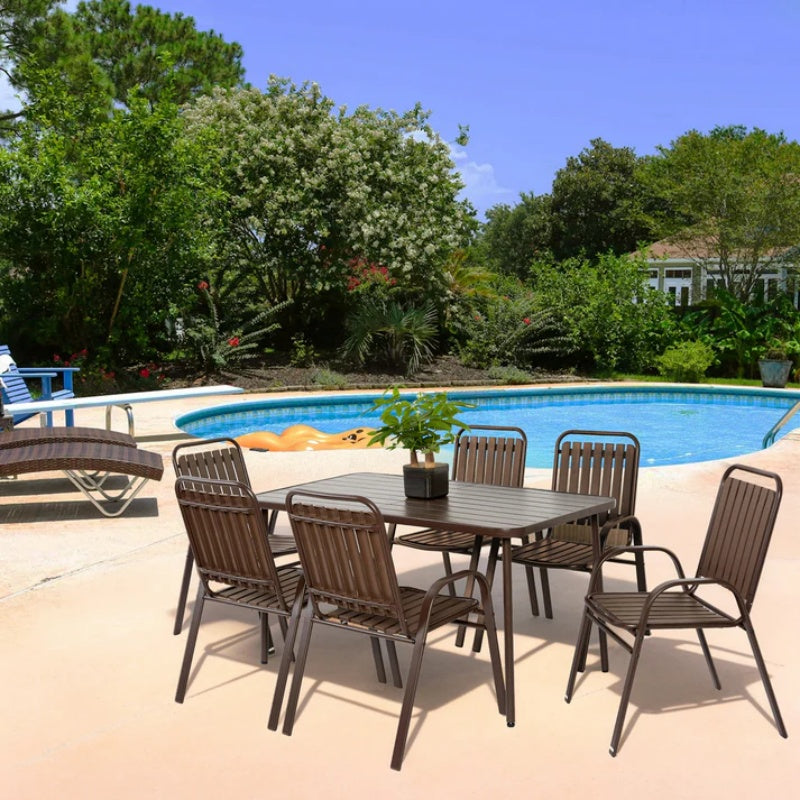 7 Pieces Patio Dining Set, Plastic chair and steel table Outdoor Set, plastic Chairs and Table Set for Garden Patio, Brown-海智集-Default-