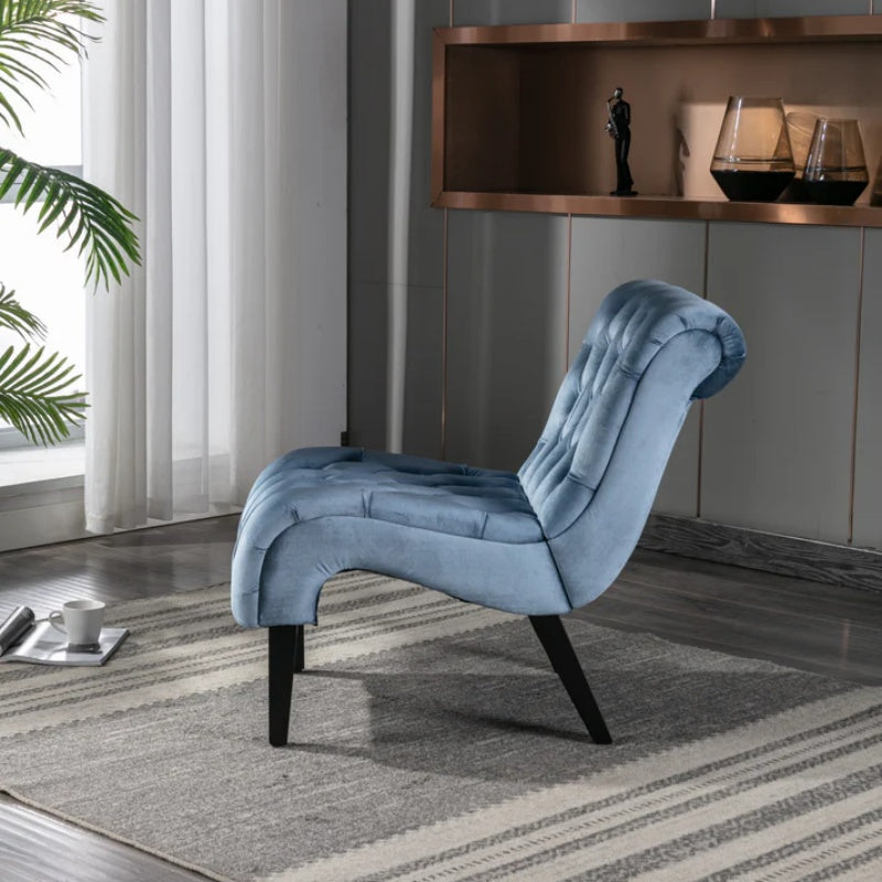 COOLMORE Modern Velvet Armless Accent Living Room Chair / Leisure Chair,Upholstered Fabric Button Comfortable Chair with Wooden Legs for Bedroom, Living Room, Office (Light Blue Velvet)-海智集-Default-