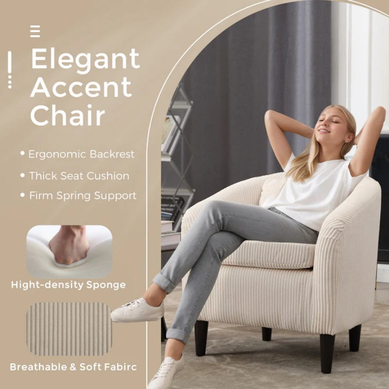 COOLMORE Living Room Accent Barrel Chair, Century Modern Style Decorative Chair, Armchair for Living Room with Thick Cushions and Pillows, Comfy Single Sofa Chair, Chair with Wooden Legs,Beige-海智集-Default-