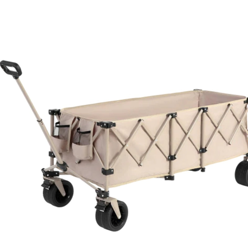 Foldable Extended Wagon with 220lbs Weight Capacity, Heavy Duty 300L Folding Utility Garden Cart with Big All-Terrain Beach Wheels & Drink Holders. Beige-海智集-Default-