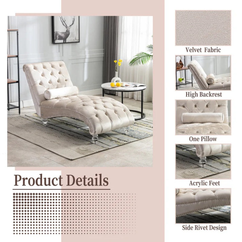 Velvet Chaise Lounge Indoor, Button-Tufted Upholstered Chair with Pillow, Beige Velvet, 63.38x28.94x34.05 inches-海智集-Default-
