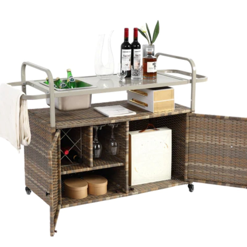 Outdoor Bar Table, Wicker Bar Cart with Cabinet, Patio Serving Cart with steel Top, with one ice bucket,Lockable Wheels, Side Basket for Garden, Poolside & Backyard, Beige-海智集-Default-