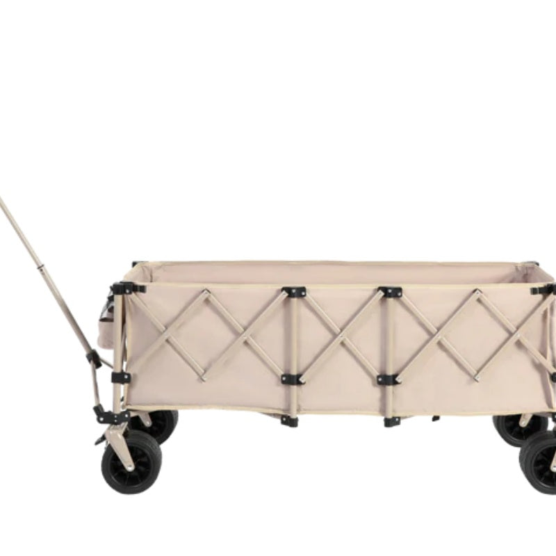 Foldable Extended Wagon with 220lbs Weight Capacity, Heavy Duty 300L Folding Utility Garden Cart with Big All-Terrain Beach Wheels & Drink Holders. Beige-海智集-Default-