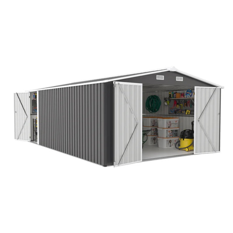 Campcraft Outdoor Storage Shed 10×14 FT with 3 Lockable Doors,Utility Tool Shed Metal Storage Garden Sheds Frame and 4 Vents,for Backyard,Patio,Lawn,dark Grey-海智集-Default-
