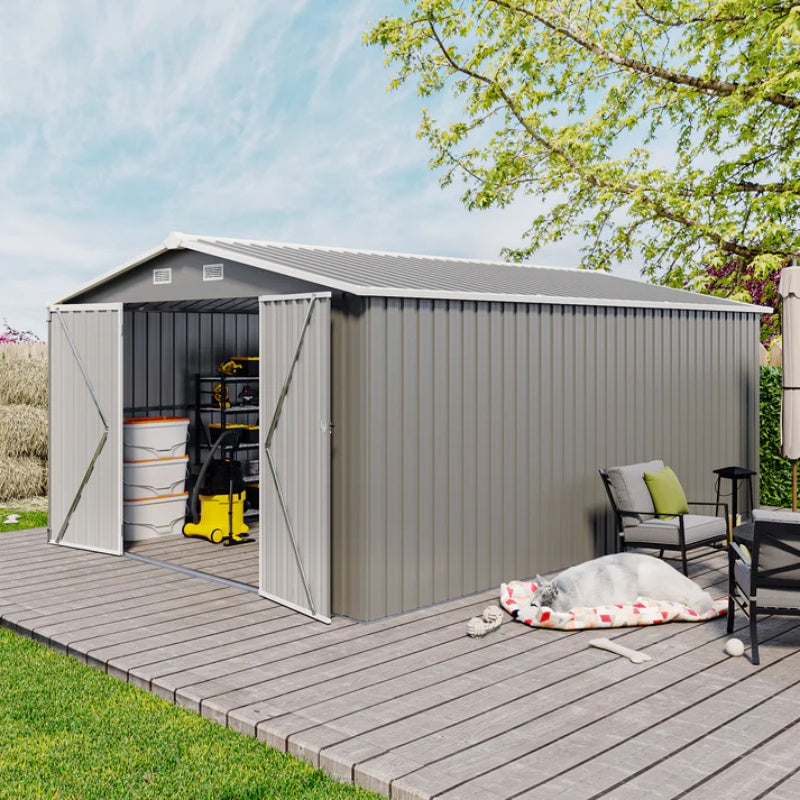 Campcraft Outdoor Storage Shed 10×14 FT with 3 Lockable Doors,Utility Tool Shed Metal Storage Garden Sheds Frame and 4 Vents,for Backyard,Patio,Lawn,Light Grey-海智集-Default-