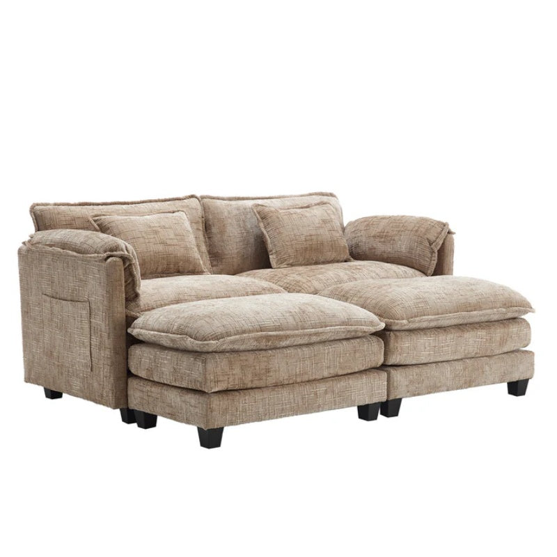 UNITED WE WIN Chenille fabric, solid construction, the overall structure of the sofa is stable, detachable armrests, two foot stools and two-seat sofa with side pockets-海智集-Default-