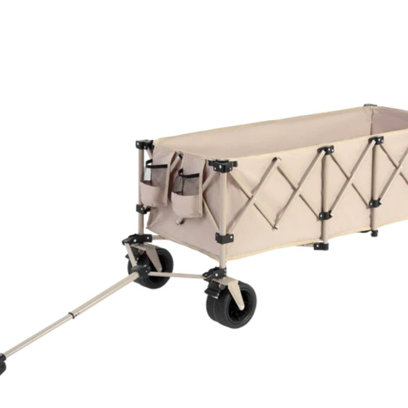 Foldable Extended Wagon with 220lbs Weight Capacity, Heavy Duty 300L Folding Utility Garden Cart with Big All-Terrain Beach Wheels & Drink Holders. Beige-海智集-Default-