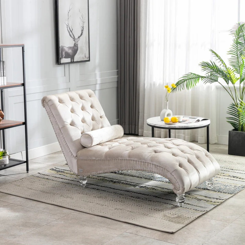 Velvet Chaise Lounge Indoor, Button-Tufted Upholstered Chair with Pillow, Beige Velvet, 63.38x28.94x34.05 inches-海智集-Default-
