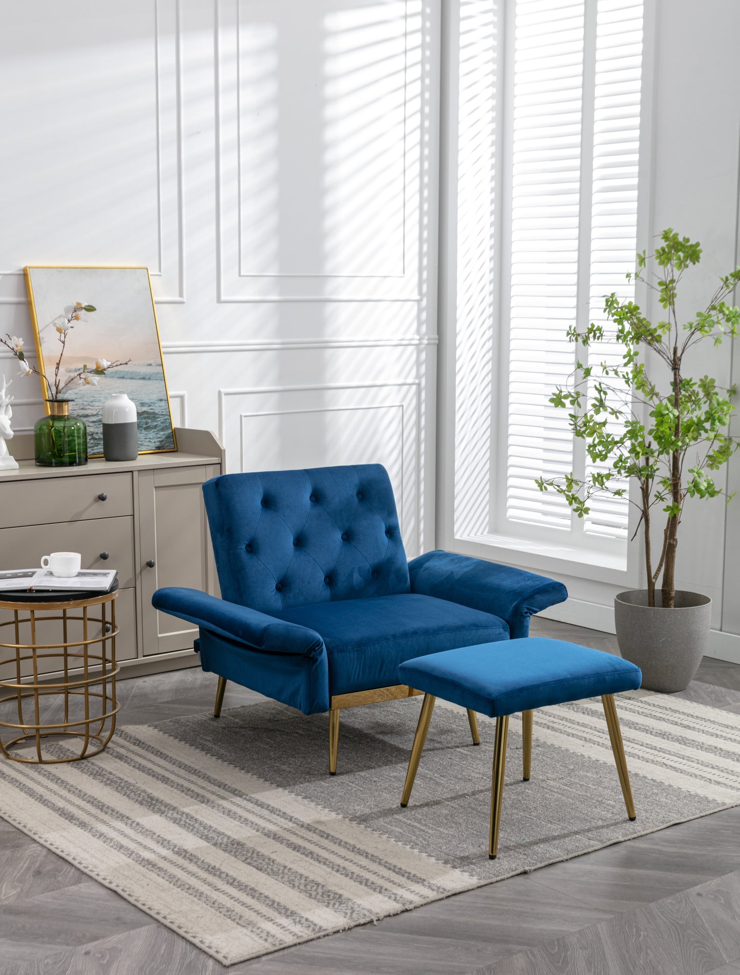 COOLMORE Velvet Accent Chair with Adjustable Armrests and Backrest, Button Tufted Lounge Chair, Single Recliner Armchair with Ottoman-海智集-Default-