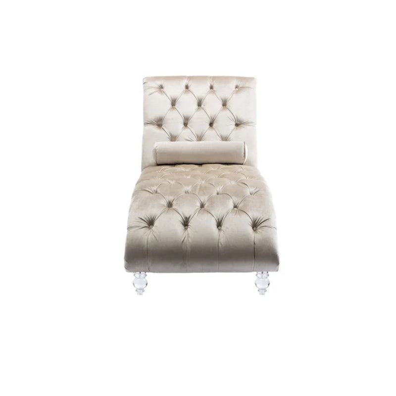 Velvet Chaise Lounge Indoor, Button-Tufted Upholstered Chair with Pillow, Beige Velvet, 63.38x28.94x34.05 inches-海智集-Default-