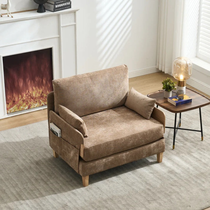 Mid-Century Modern Foldable Sofa Bed Recliner, 3-in-1 Convertible Sleeper with Three Pillows, Light Brown Chenille, Ideal for Small Spaces-海智集-Default-